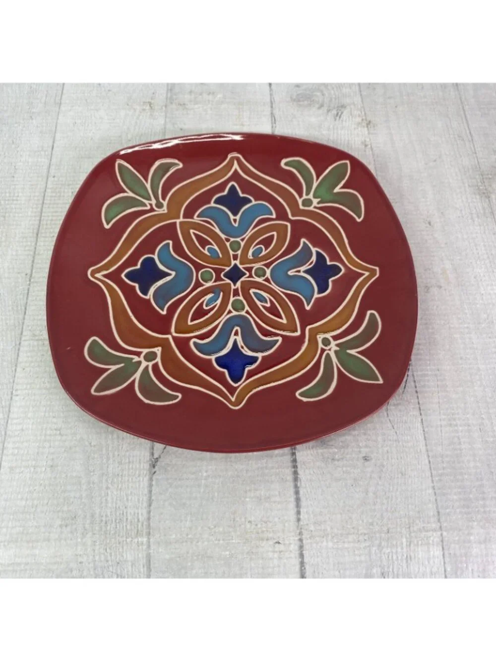 Better Homes & Gardens MEDALLION Floral Red Square Stoneware Lunch Plate Set 2